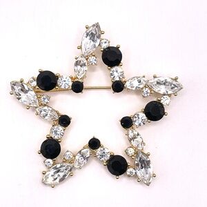 Monet Signed Vintage Star Clear Black Glass Crystal Pin Brooch